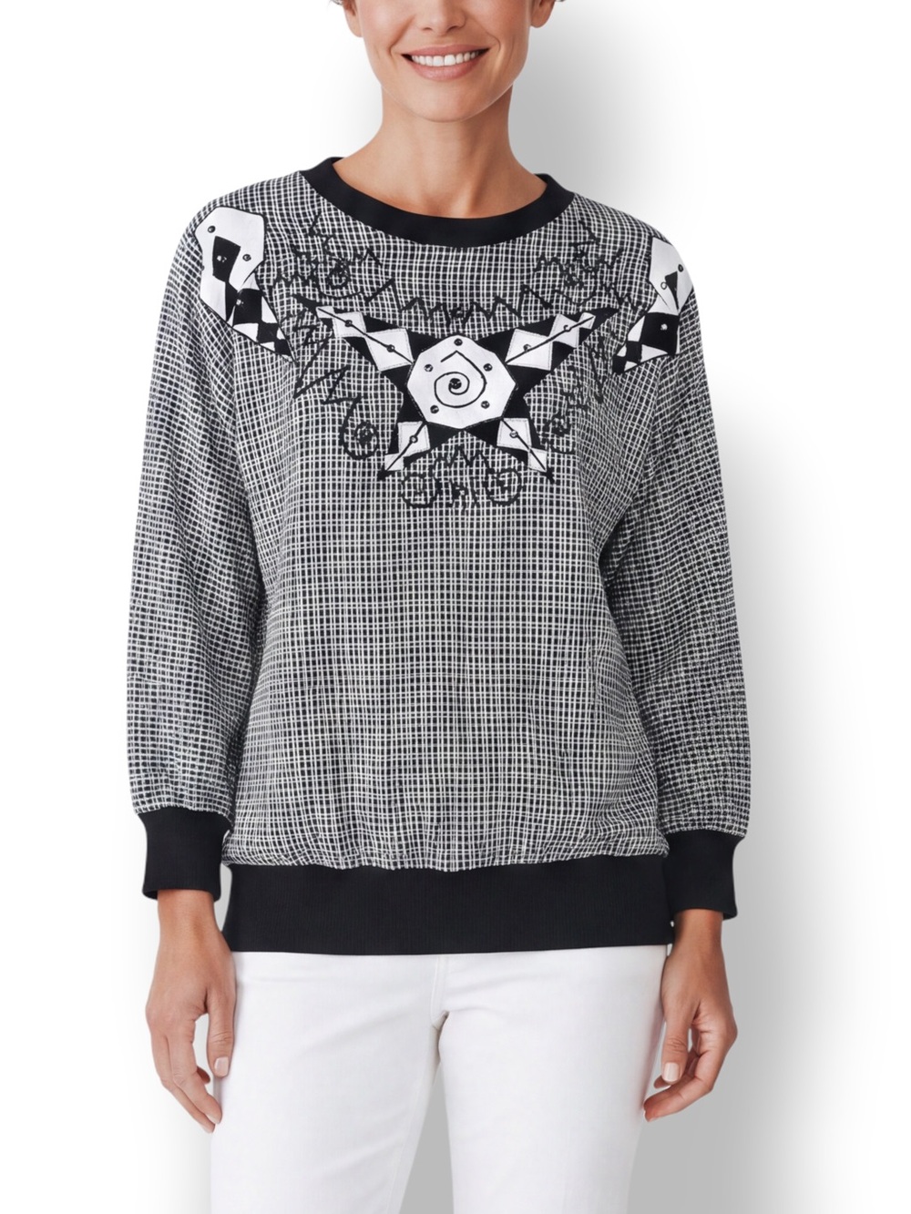 4/$20 Vintage Donna Toran Check Top Black White Embellished Dolman Sleeve Blouse